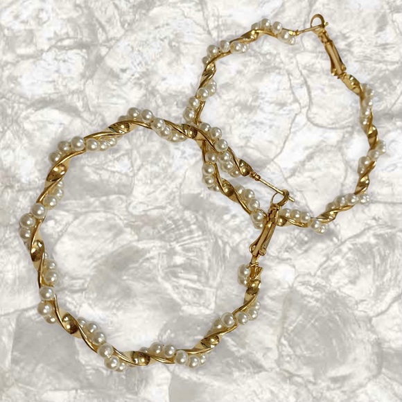 VICTORIAN PEARL & GOLD INTERTWINED HOOPS - Picture 2 of 3